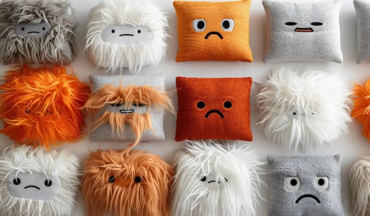 A collection of cute and funny pillow characters each with different expressions such as happy faces or grumpy looks arranged in an appealing grid layout on a white background